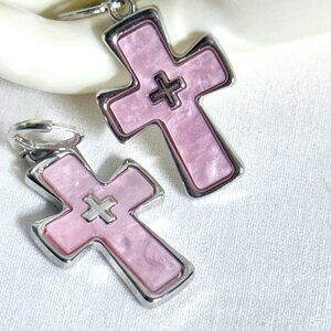 Pink Mother of Pearl Cross Dangle Earrings Silver Tone Leverback